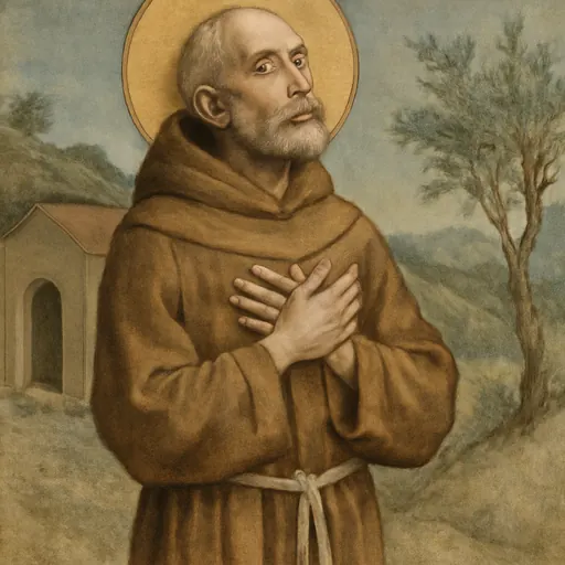 Fresco-style portrait of Blessed Giles of Assisi, an elderly Franciscan friar in a patched brown habit with a white cord, gazing upward with his hands crossed on his chest