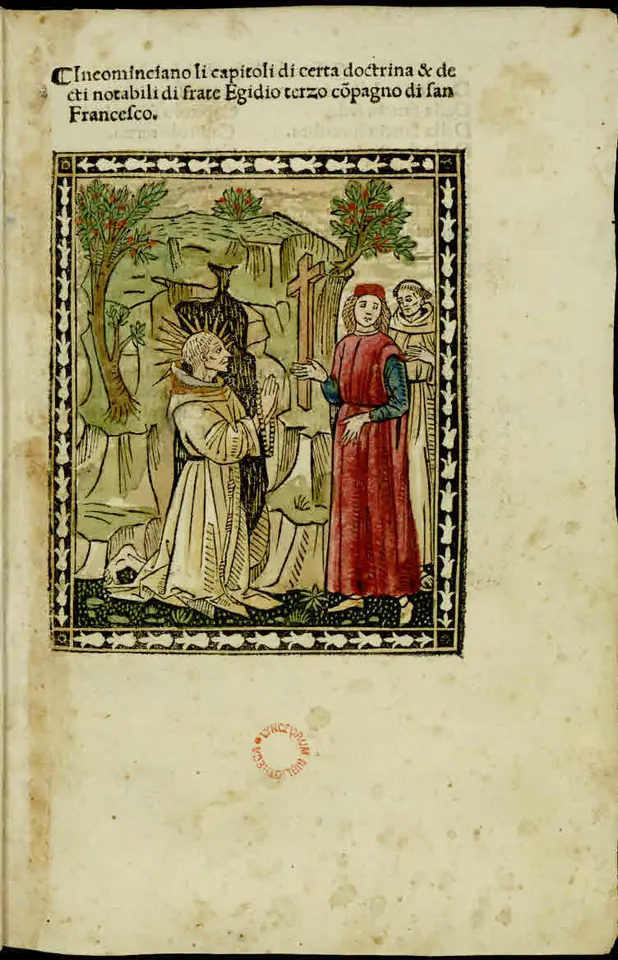 The opening page of a printed book of 1493 with a colored woodcut of a kneeling friar speaking to a man in a red robe in a garden
