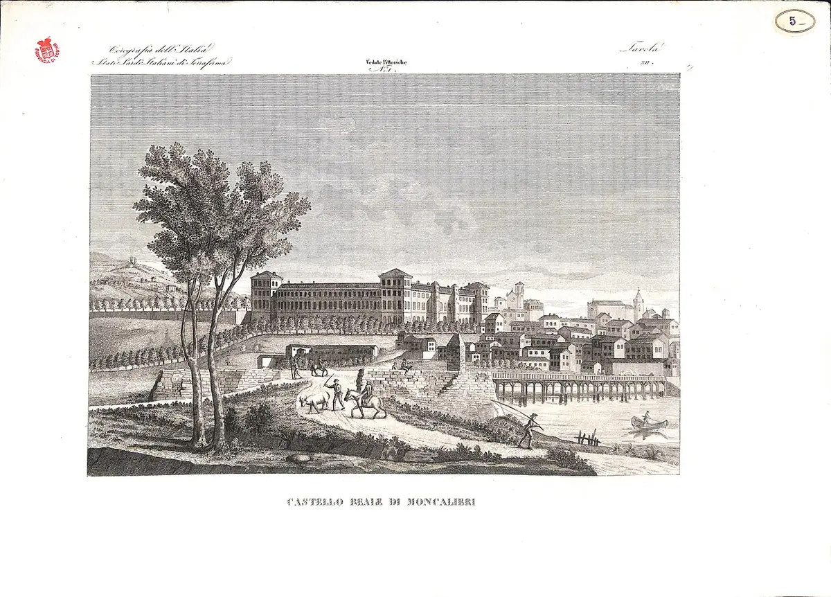 An engraving of the long royal castle of Moncalieri on its hill above the town, with a river and a road with travelers in the foreground