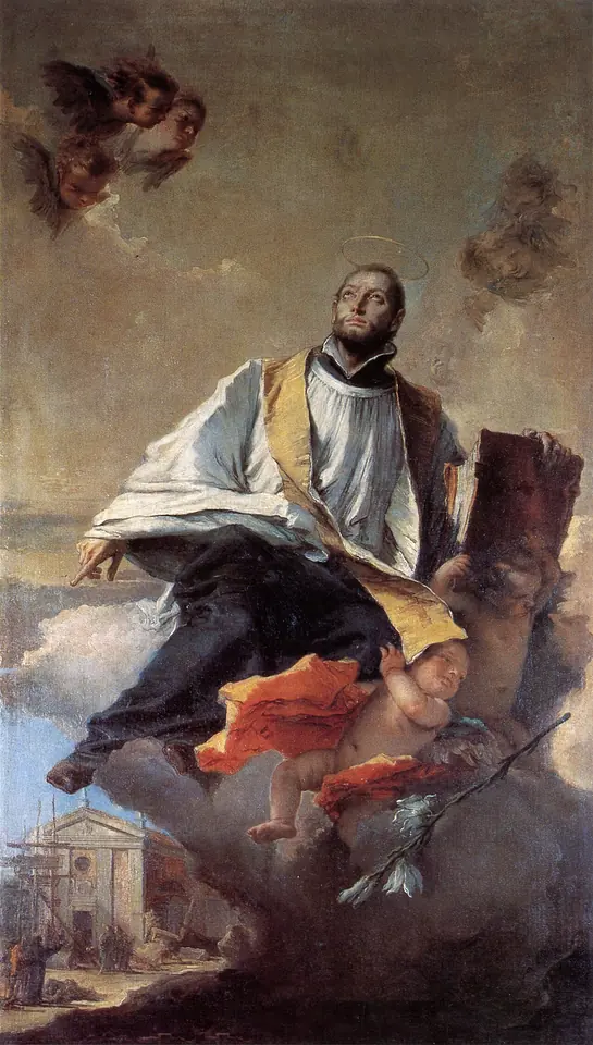 A painting of a priest in a white surplice and gold stole borne up on clouds by angels, with a small village church far below