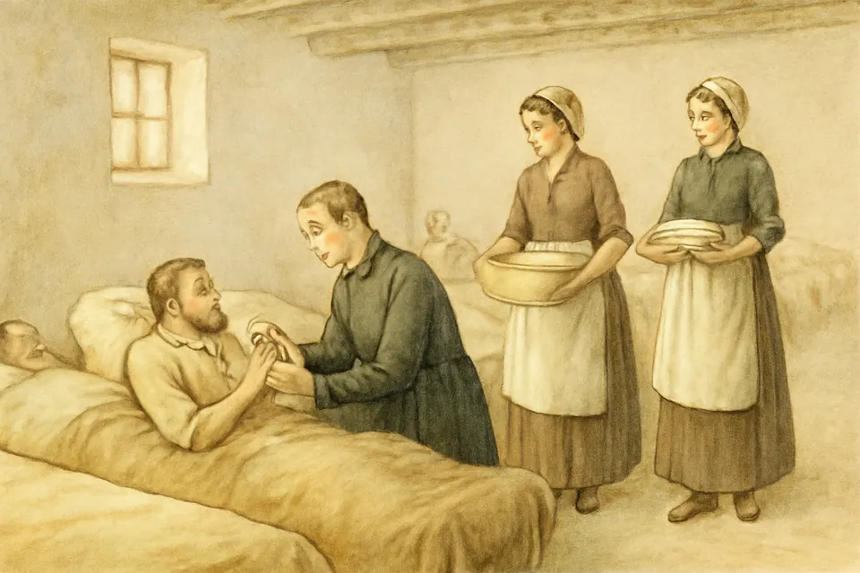 Watercolor-style scene of a priest in a black cassock bending over a sick man on a straw bed in a whitewashed room while young helpers bring water