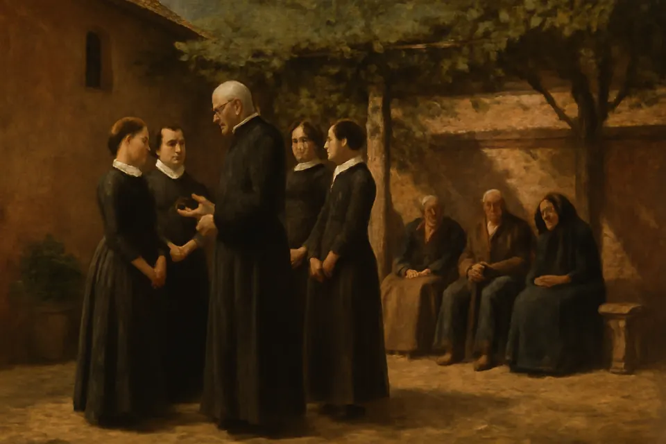 Oil-painting-style scene of a parish priest talking with a few young women in plain dark dresses beside elderly people seated in a courtyard