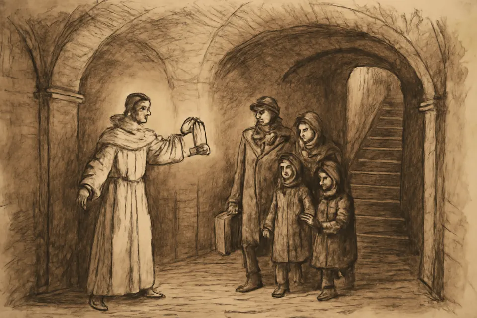 Ink-drawing-style scene of a Dominican friar in a white habit leading a frightened family through a dark convent corridor at night