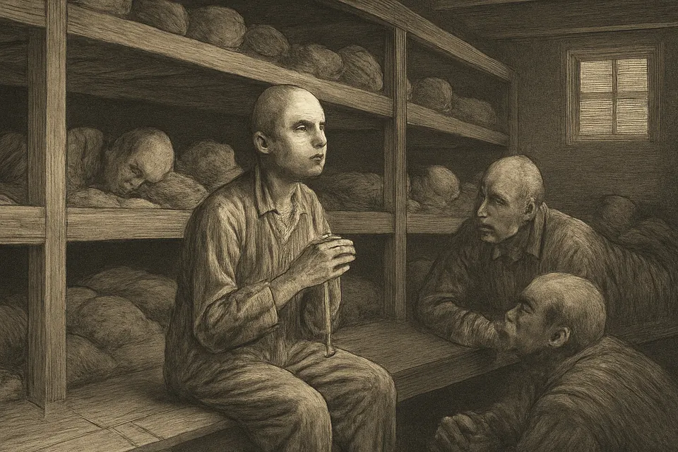Engraving-style scene of a gaunt prisoner in a striped uniform praying with a rosary on a wooden bunk while other prisoners rest around him