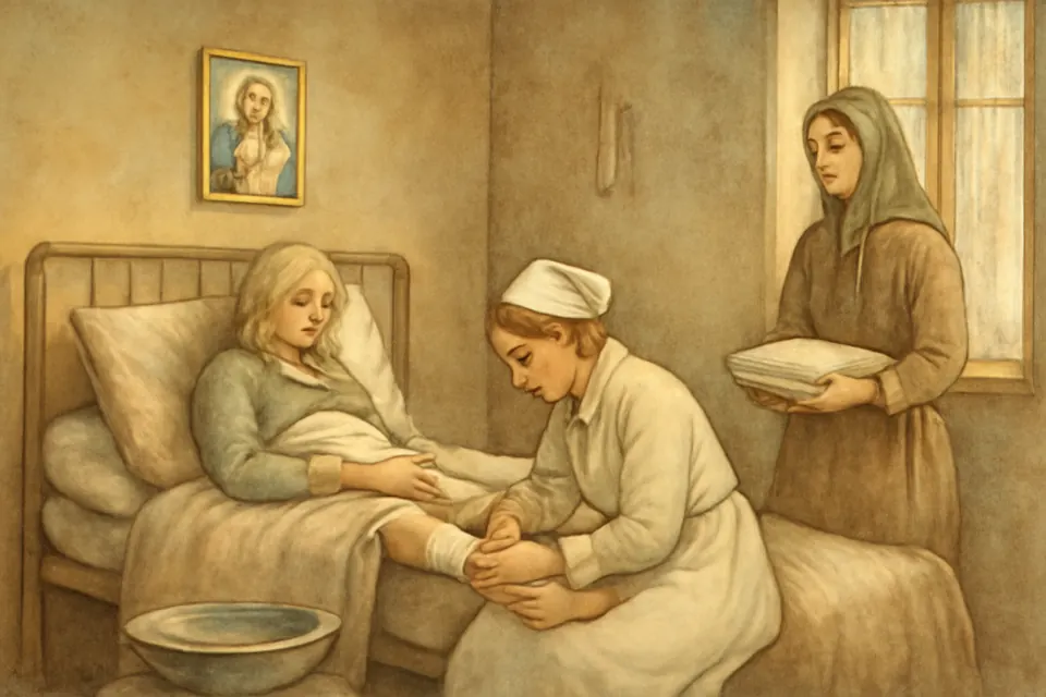 Watercolor scene of a nurse in a white cap kneeling to dress the leg of an elderly bedridden woman in a poor Kraków apartment