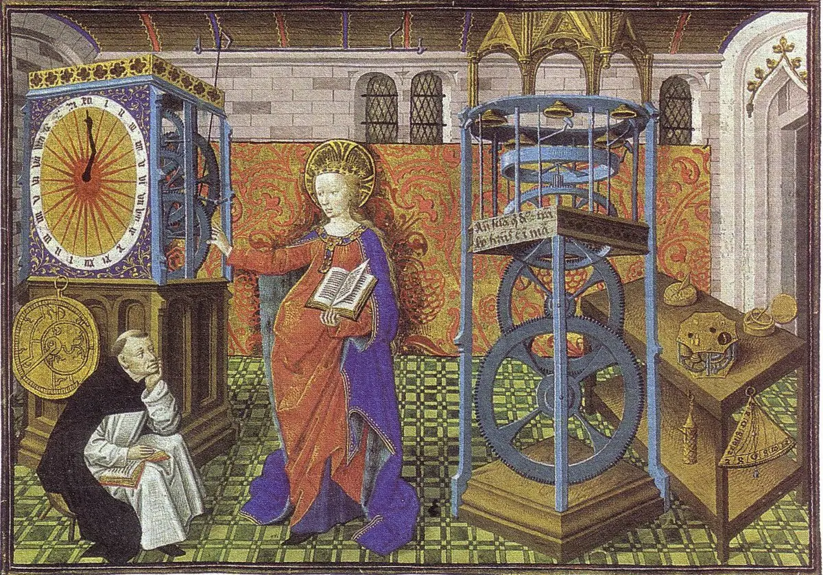 Medieval miniature of a crowned woman in red, Eternal Wisdom, standing among great clocks and astronomical instruments while a Dominican friar kneels before her