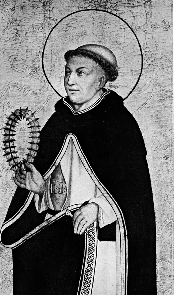 Old black-and-white reproduction of a painting of a tonsured Dominican with a halo, holding a cross covered with nails and showing the letters IHS on his breast