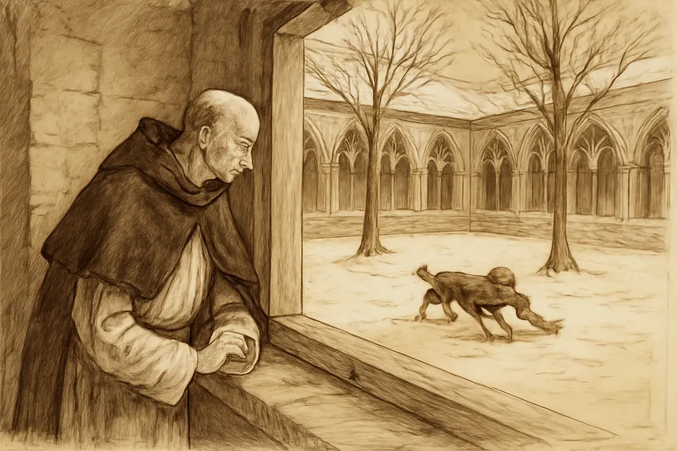 Ink-drawing-style scene of a friar looking from a cell window at a dog tossing a ragged cloth in a winter cloister