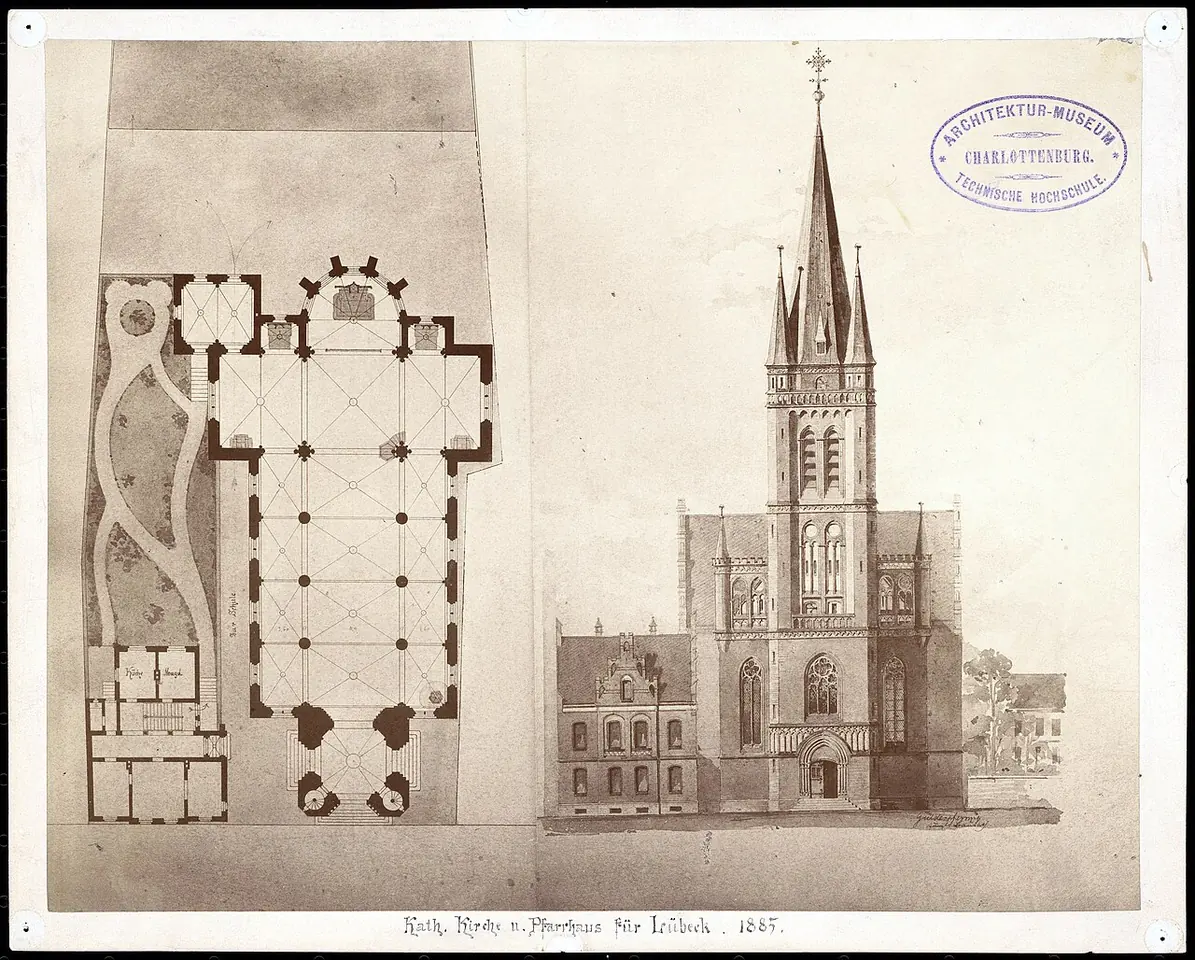 An 1885 architectural drawing showing the floor plan and the front elevation of a Gothic Revival church with a tall spire and a rectory beside it