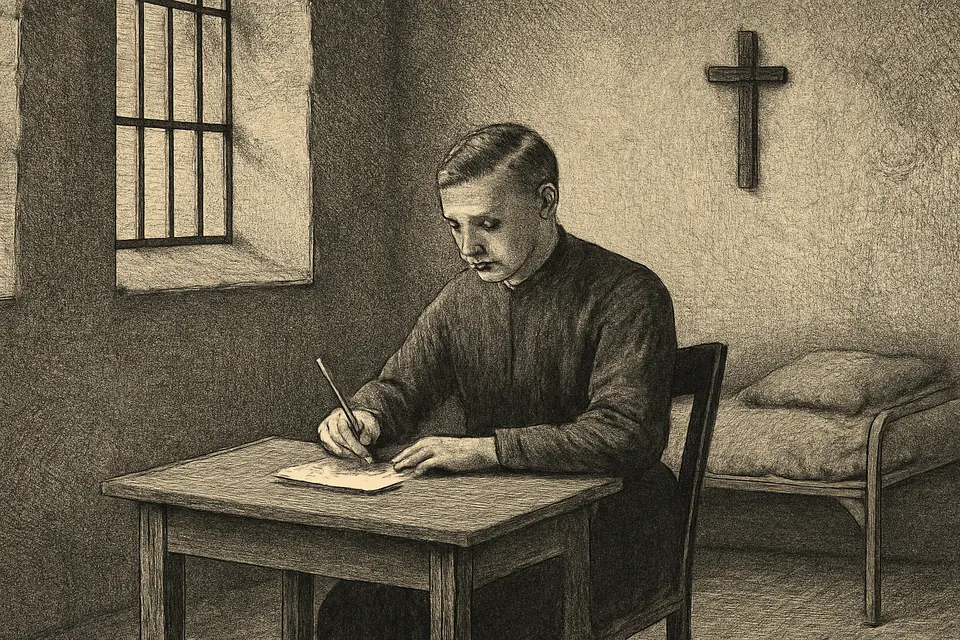 Engraving-style scene of a young priest in a prison cell writing a letter at a small table, a crucifix on the wall above him