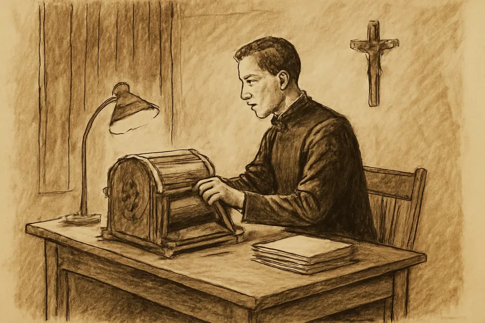 Ink-drawing scene of a young priest copying typed pages by lamplight at night in a plain rectory room, a stack of papers beside him