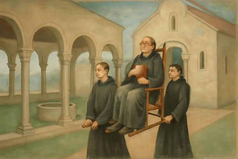 Fresco-style illustration of two young monks carrying an older monk in a wooden chair along a Romanesque cloister toward the church