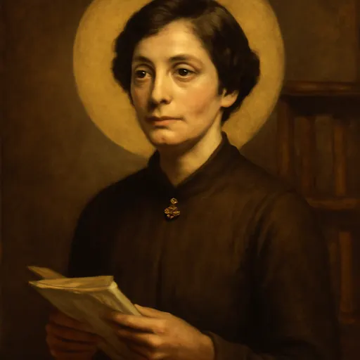 Oil-painting-style portrait of Blessed Hildegard Burjan, a dark-haired woman of about forty in a plain dark dress of the 1920s with a calm, intelligent face