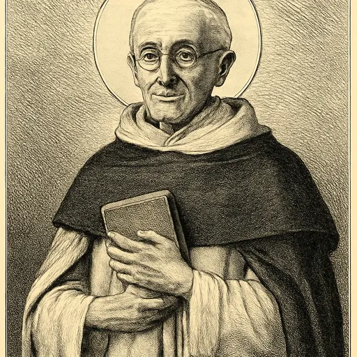 Engraving-style portrait of Blessed Hyacinthe-Marie Cormier, an elderly Dominican friar in a white habit and black cloak holding a book