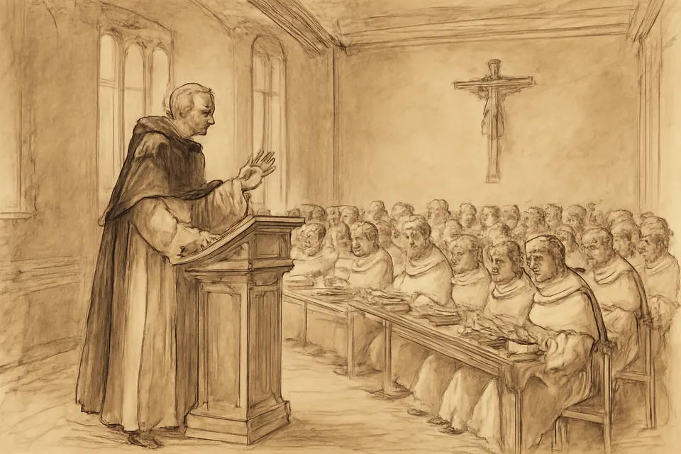 Ink-wash scene of an old Dominican friar speaking to young friars in white habits seated with books in a Roman lecture hall