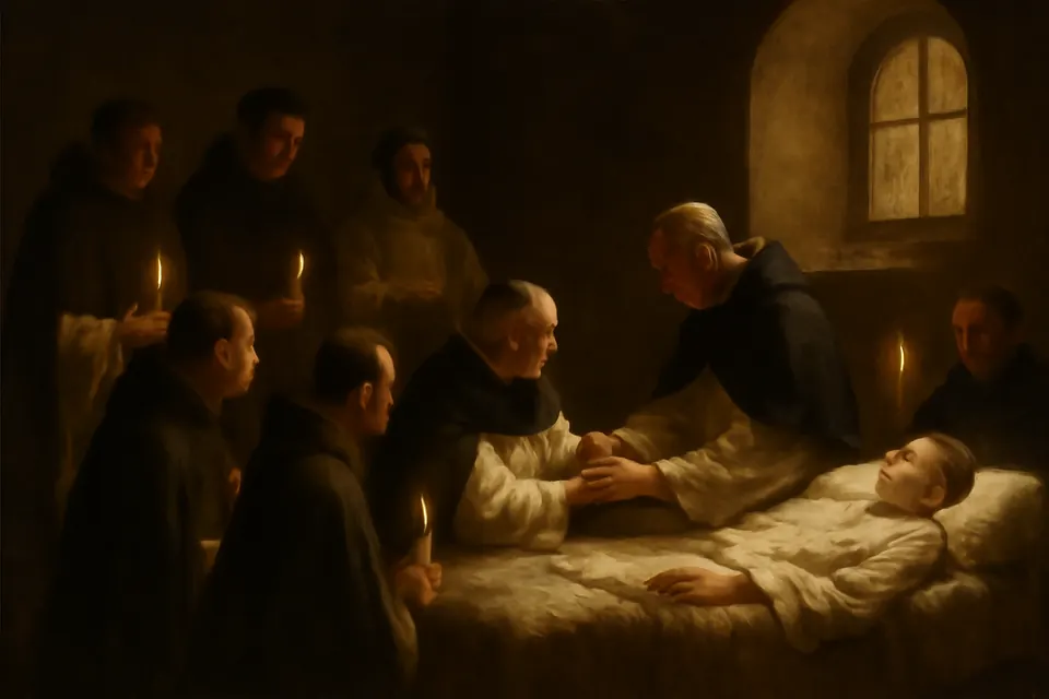 Oil-painting-style scene of a pale young friar in white making his vows from a sickbed while Dominican friars stand around him