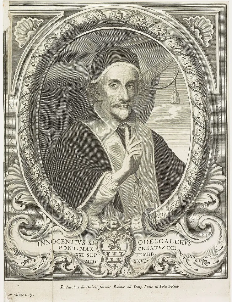 Engraved portrait of Pope Innocent XI in an oval frame of carved scrollwork, raising one hand in blessing, with a Latin inscription and his coat of arms below