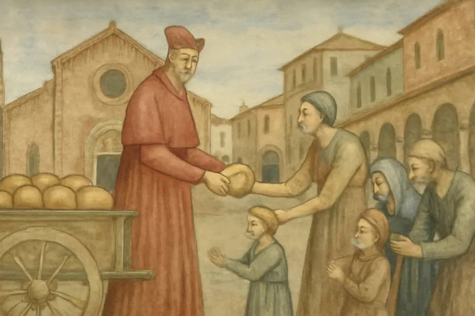 Fresco-style scene of a cardinal in red handing bread to poor families in a famine-stricken Italian square