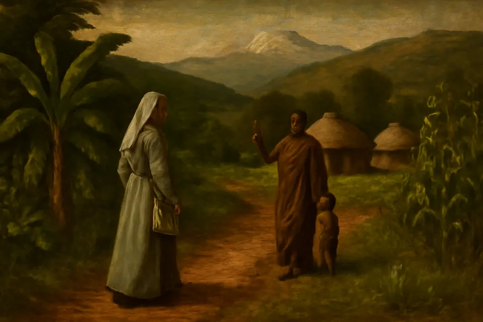 Oil-painting-style scene of a missionary sister in gray walking along a red-earth path between green fields to visit a Kikuyu homestead