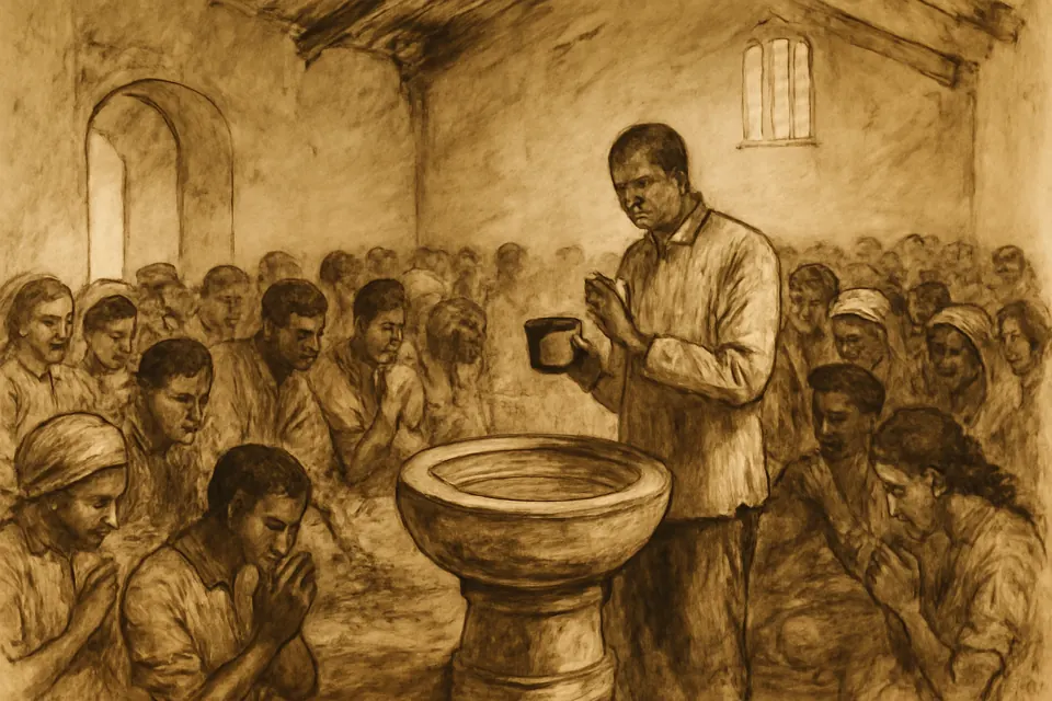 Ink-wash scene of frightened villagers praying around a small stone baptismal font inside a crowded mission church