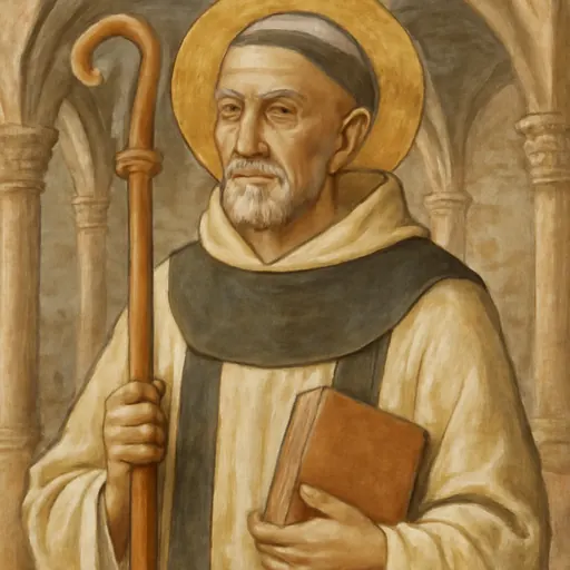 Fresco-style portrait of Blessed Isaac of Stella, a gray-bearded Cistercian abbot in a white habit with an abbot's staff and a book