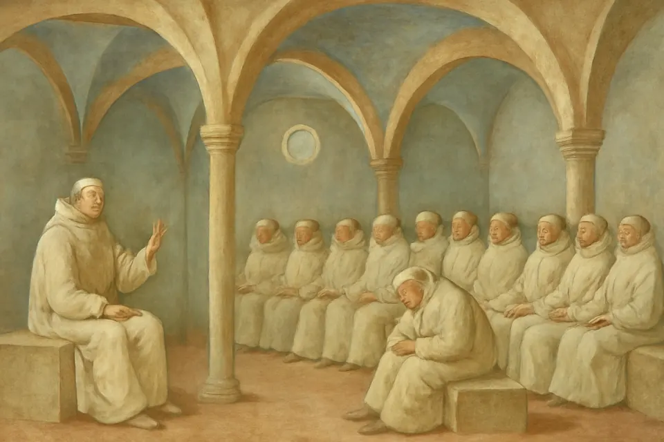 Fresco-style scene of a Cistercian abbot preaching to his monks seated on stone benches in a vaulted chapter house