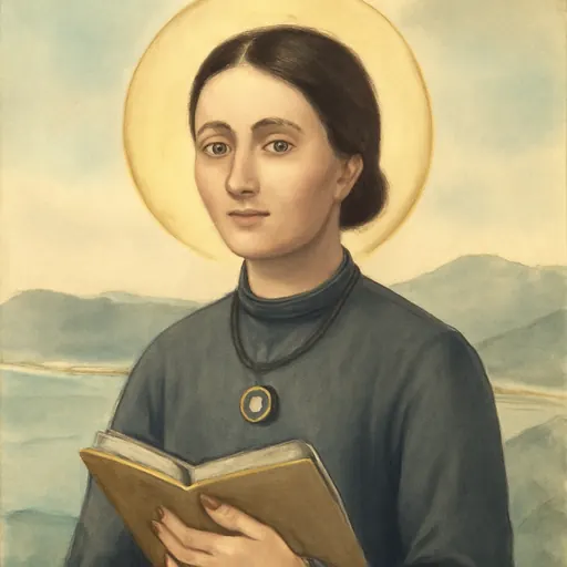 Watercolor holy-card portrait of Blessed Itala Mela, an Italian woman in her forties with dark hair drawn back, in a plain dark dress, holding an open book, with a soft triangle of golden light above her