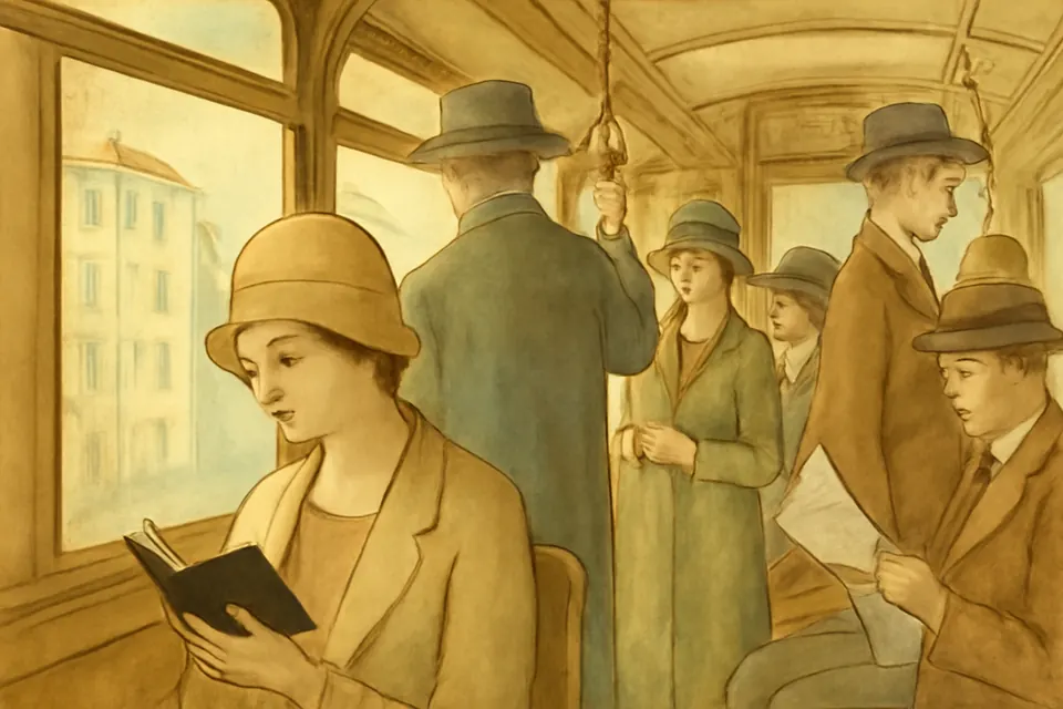 Watercolor scene of a young woman teacher reading a small book on a crowded city tram in 1920s Italy