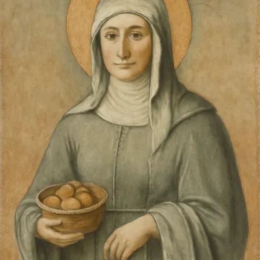 Fresco-style portrait of Blessed Jacoba of Settesoli, a Roman noblewoman in a gray widow's mantle and white veil holding a small basket of almond cakes