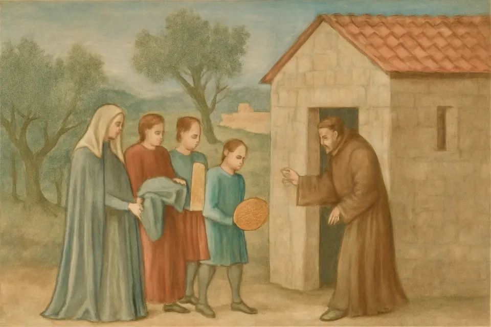 Fresco-style scene of a Roman noblewoman in gray arriving at a small friary door with servants carrying cloth, candles and baskets