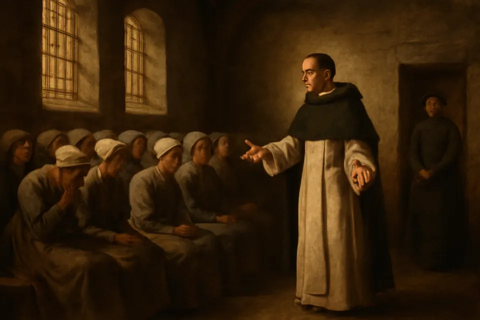 Oil-painting-style scene of Father Lataste preaching a retreat to women prisoners in the chapel of the prison at Cadillac in 1864