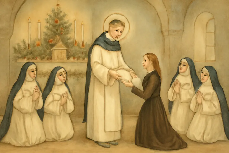 Watercolor-style scene of Father Lataste giving the Dominican habit to a former prisoner in the small convent chapel of Bethany at Christmas 1868