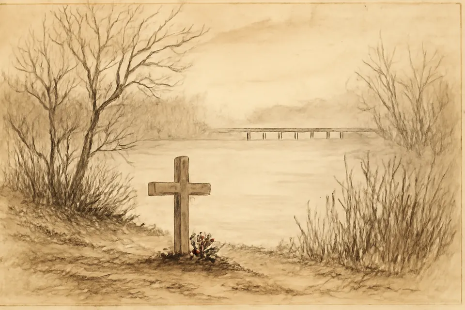 Ink-drawing-style scene of a cold gray river with a dam and reeds at dawn in late autumn, a small wooden cross on the bank