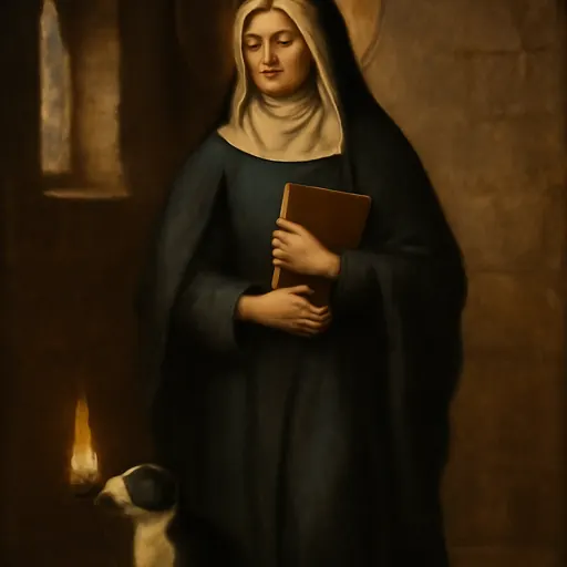 Oil-painting-style portrait of Blessed Joan of Aza, a Castilian noblewoman in a dark gown and white veil holding a book, with a small dog carrying a torch at her feet