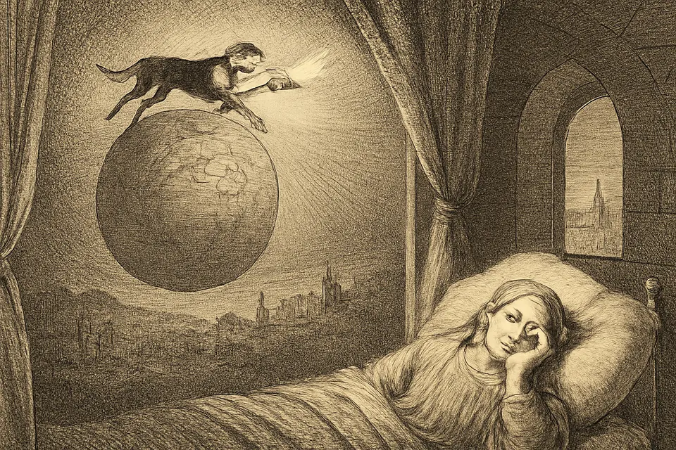 Engraving-style scene of the dream of Joan of Aza, in which a black and white dog with a burning torch in its mouth sets the world alight