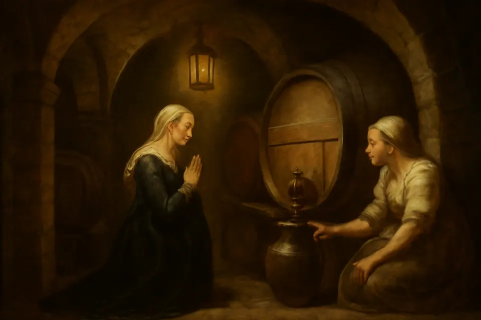 Oil-painting-style scene of Joan of Aza kneeling in the wine cellar of her castle beside a wine cask that has been filled again