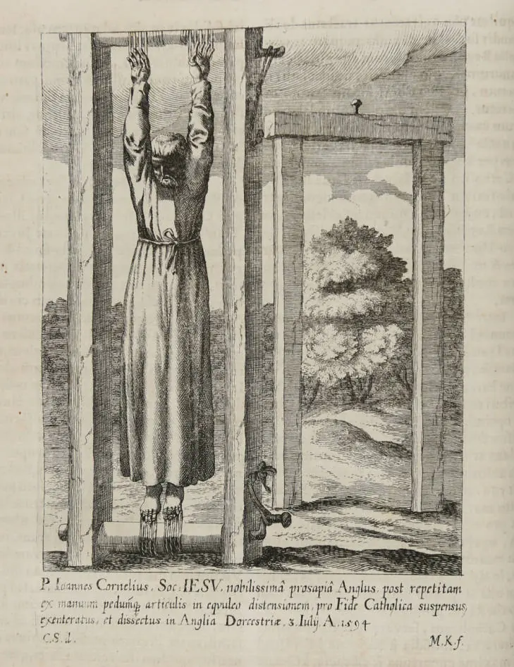 Seventeenth-century engraving of a priest in a long cassock standing beneath a wooden gallows with his arms raised to grasp the crossbeam, a landscape with a tree behind, and a Latin caption below