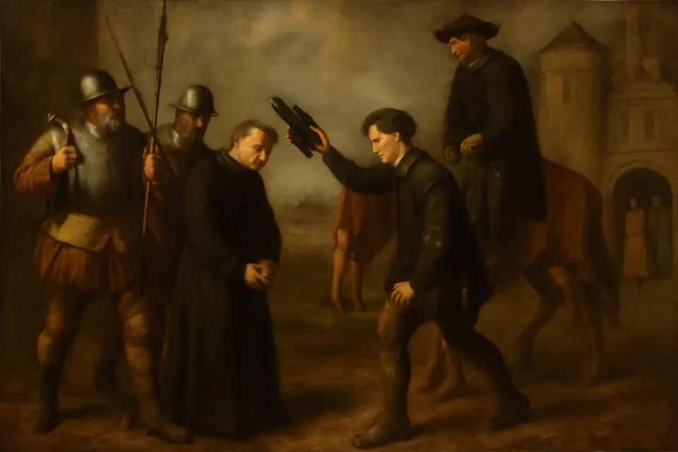 Oil-painting-style scene of Thomas Bosgrave placing his own hat on the head of the arrested priest John Cornelius as officers lead him away from Chideock