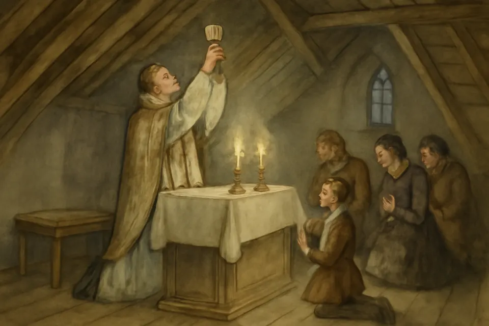 Watercolor-style scene of John Cornelius saying a secret Mass at dawn in a manor house chapel, with a few servants kneeling