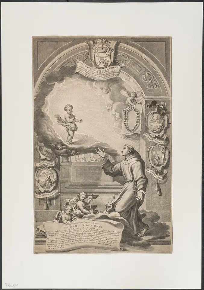 Engraving of a Franciscan friar kneeling before an altar with arms open toward the Christ Child appearing in a burst of light among clouds, framed by an ornate arch with coats of arms and Latin inscriptions