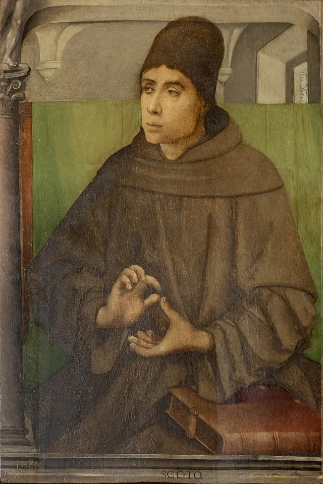 Renaissance portrait of a young Franciscan in a brown habit and dark cap, seated with a closed red book, his fingertips touching as if counting points of an argument