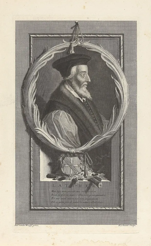 An engraved oval portrait of Hugh Latimer, an elderly bearded bishop in a skullcap, framed by a laurel wreath, with a coat of arms below