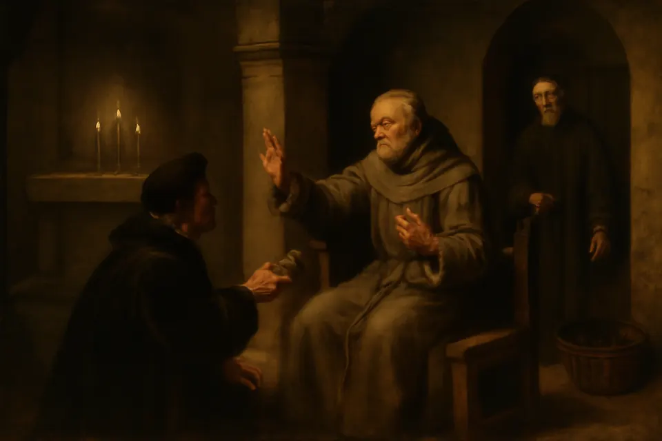Oil-painting-style scene of an old Franciscan friar in a London friary church waving away a nobleman's purse and pointing toward the friary porter
