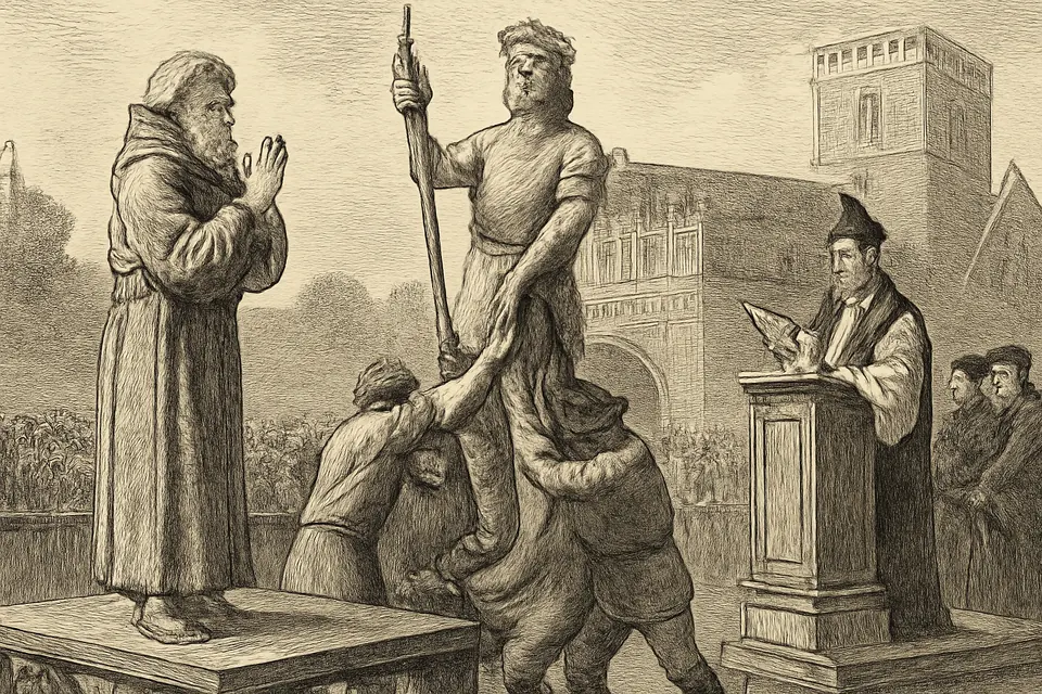 Engraving-style scene of an old friar standing on a wooden scaffold before a large crowd, beside a huge carved wooden statue of a mounted warrior held upright by three men
