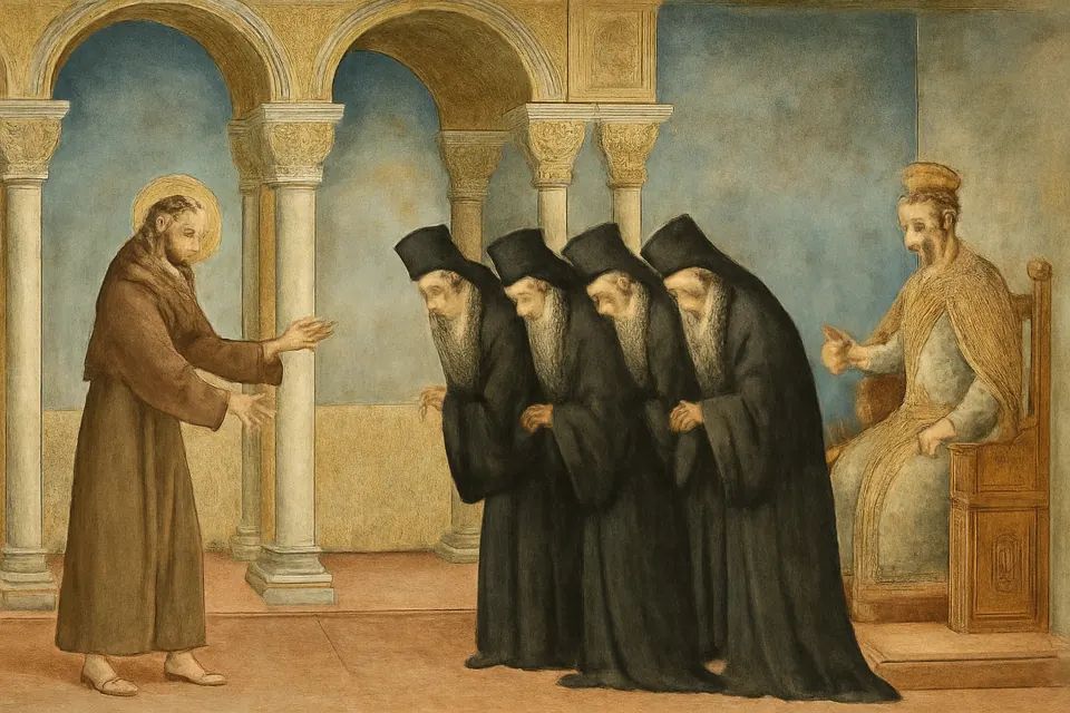 Fresco-style scene of a Franciscan friar being welcomed by Greek bishops in black robes and tall hats at the court of Nicaea