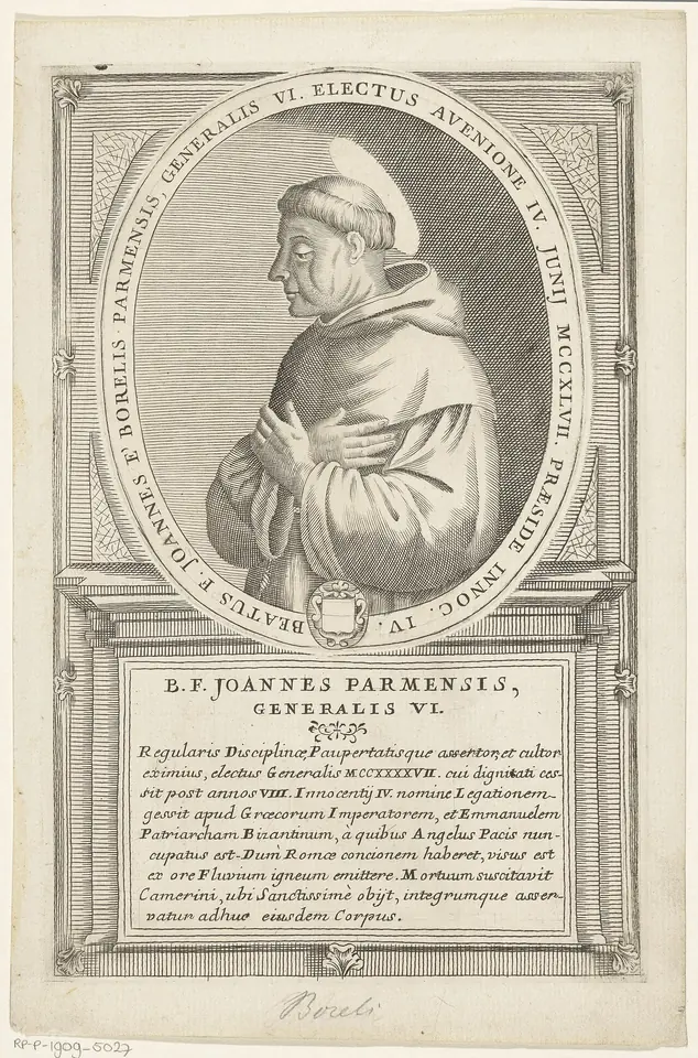 An eighteenth-century engraving of a tonsured Franciscan friar in profile with hands joined in prayer, framed in an oval with a Latin inscription below