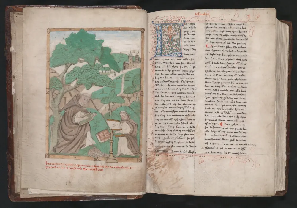 An open fifteenth-century manuscript with a painted miniature of a canon seated in a green forest writing, beside a column of Dutch text with a red initial