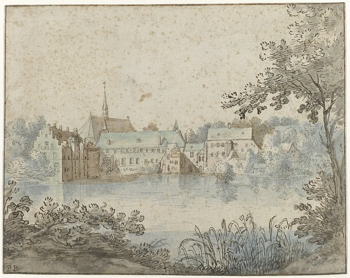 A delicate pen and wash drawing of a priory church and buildings reflected in a still pond, with trees and reeds in the foreground