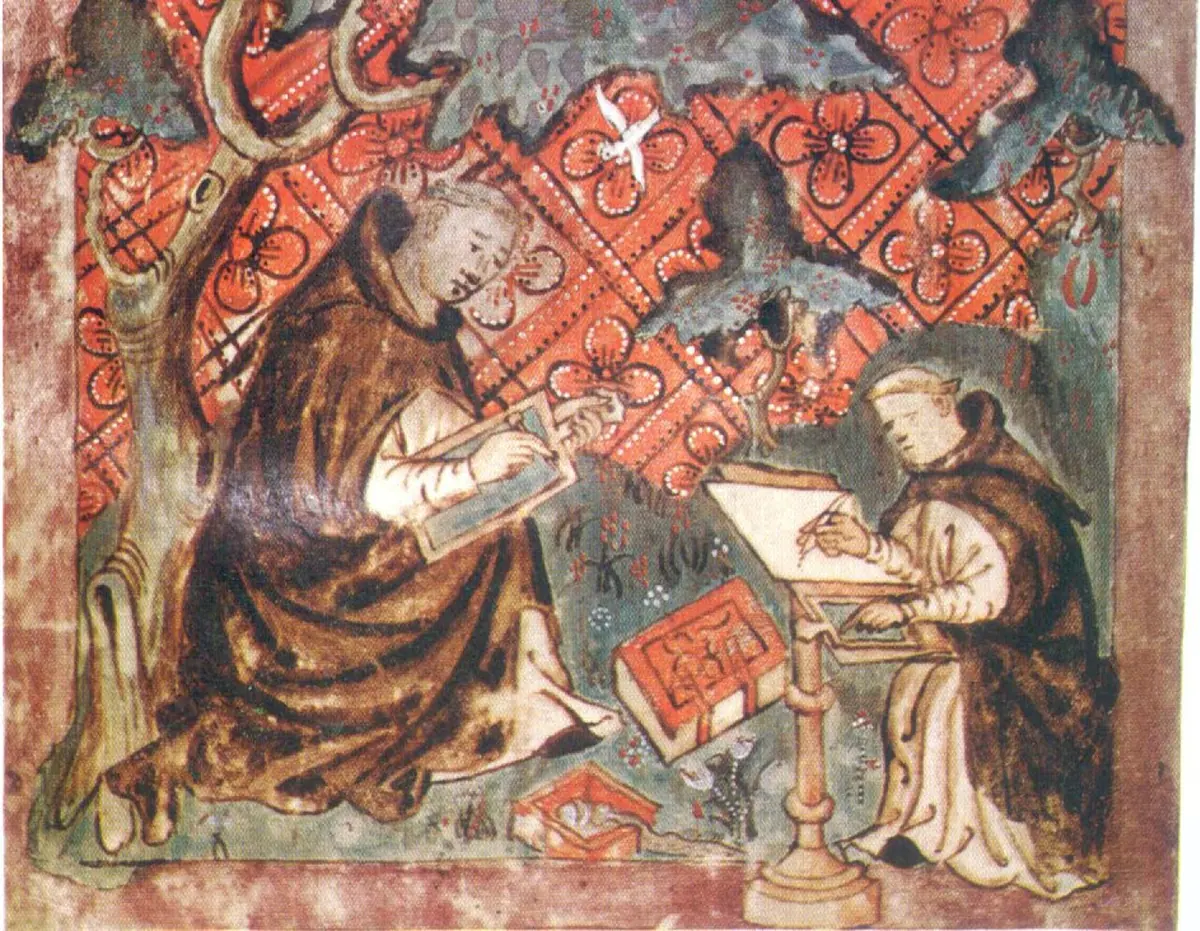 A medieval manuscript painting of an old canon in a brown cape writing on a wax tablet under a tree, while a younger canon at a desk copies his words into a book, against a red patterned background