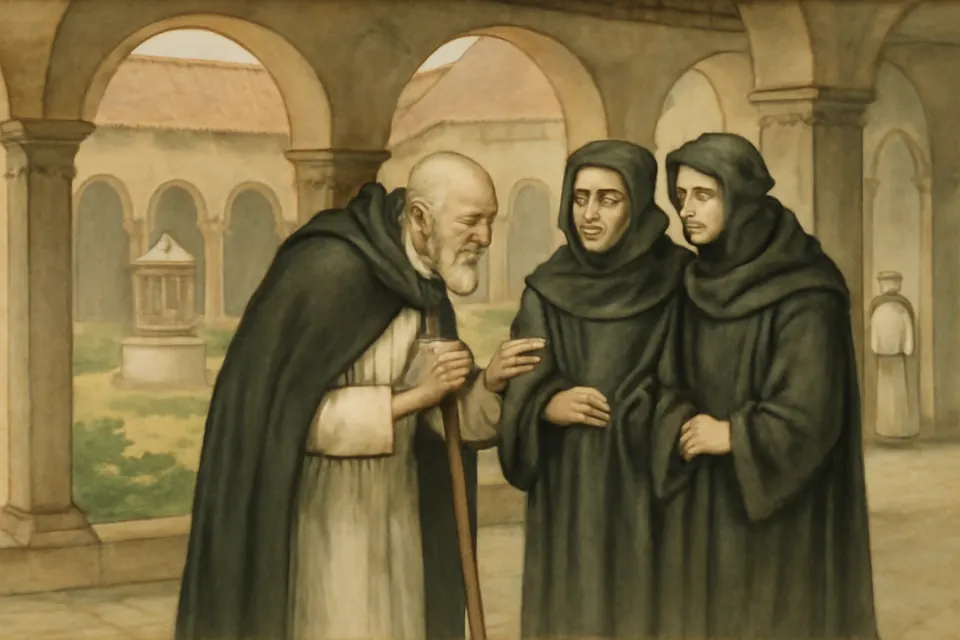 Watercolor-style scene of an aged prior in a cloister speaking kindly to two traveling scholars in dark gowns